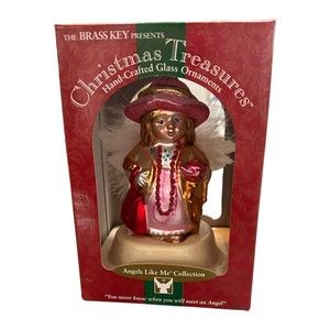 Vintage Christmas Treasures Brass Key Blown Glass Ornament Tea Lady Angel NIB